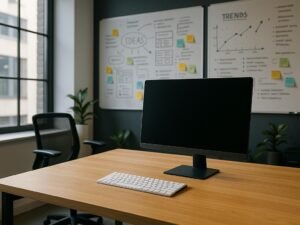 Helles, modernes Büro mit leerem Schreibtisch, Tastatur, Bildschirm und Whiteboards im Hintergrund, die Skizzen und Notizen zeigen.