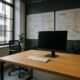 Helles, modernes Büro mit leerem Schreibtisch, Tastatur, Bildschirm und Whiteboards im Hintergrund, die Skizzen und Notizen zeigen.
