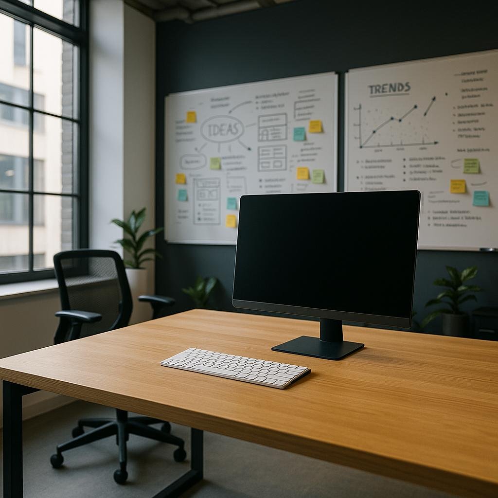 Helles, modernes Büro mit leerem Schreibtisch, Tastatur, Bildschirm und Whiteboards im Hintergrund, die Skizzen und Notizen zeigen.