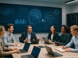 Team im modernen deutschen Büro bei einem digitalen Meeting mit KI-Visualisierungen, Laptops und Server-Racks