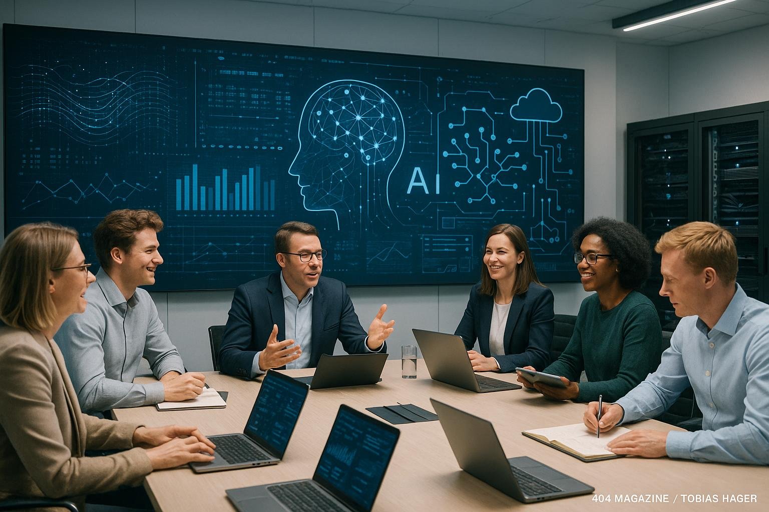 Team im modernen deutschen Büro bei einem digitalen Meeting mit KI-Visualisierungen, Laptops und Server-Racks