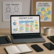 Moderner Büroarbeitsplatz mit Laptop, Notizbuch, Kaffeetasse, Smartphone, Tablet, Skizzen für Zielgruppen-Personas und Post-its für Keyword-Clustering, im Hintergrund strategische Planung. Credit: 404 Magazine (Tobias Hager)