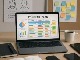 Moderner Büroarbeitsplatz mit Laptop, Notizbuch, Kaffeetasse, Smartphone, Tablet, Skizzen für Zielgruppen-Personas und Post-its für Keyword-Clustering, im Hintergrund strategische Planung. Credit: 404 Magazine (Tobias Hager)