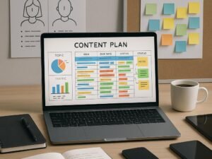 Moderner Büroarbeitsplatz mit Laptop, Notizbuch, Kaffeetasse, Smartphone, Tablet, Skizzen für Zielgruppen-Personas und Post-its für Keyword-Clustering, im Hintergrund strategische Planung. Credit: 404 Magazine (Tobias Hager)