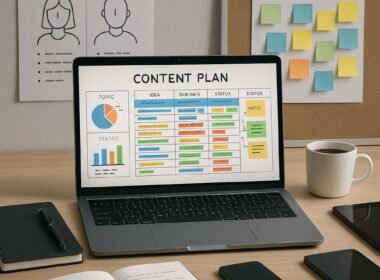 Moderner Büroarbeitsplatz mit Laptop, Notizbuch, Kaffeetasse, Smartphone, Tablet, Skizzen für Zielgruppen-Personas und Post-its für Keyword-Clustering, im Hintergrund strategische Planung. Credit: 404 Magazine (Tobias Hager)