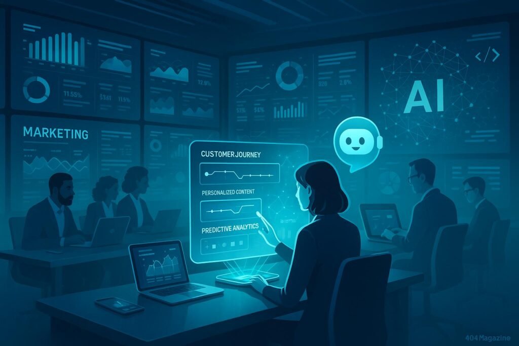 Futuristischer Marketing-Controllraum mit großen Bildschirmen, holographischen Dashboards und diverses Fachpersonal, das strategisch zusammenarbeitet