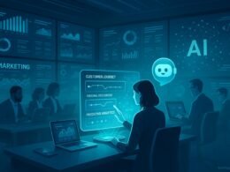 Futuristischer Marketing-Controllraum mit großen Bildschirmen, holographischen Dashboards und diverses Fachpersonal, das strategisch zusammenarbeitet