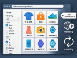 Moderne E-Commerce-Website mit Filtermenüs, Produktgitter und SEO-Elementen, gestaltet mit klaren Labels und professionellen Farben.