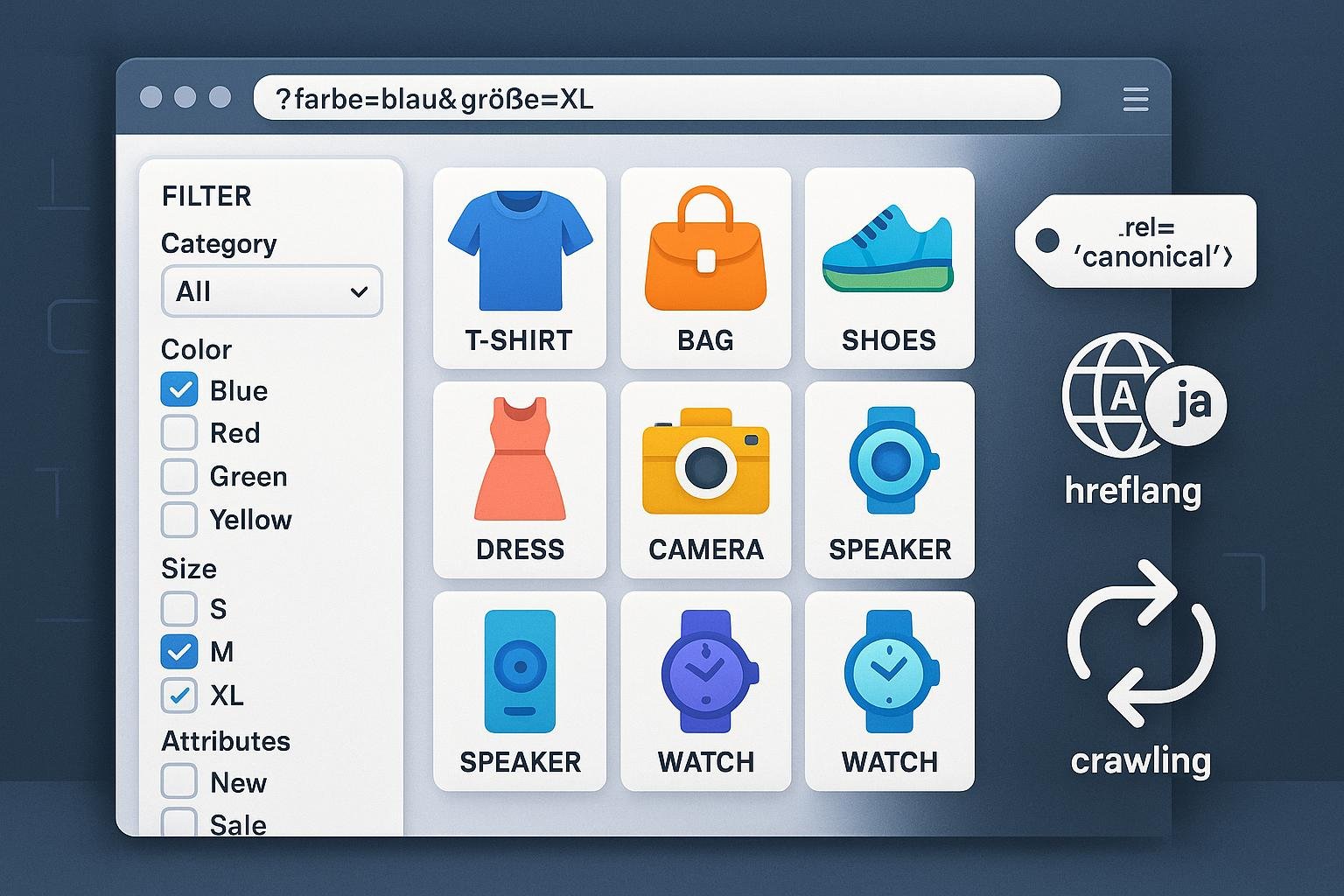 Moderne E-Commerce-Website mit Filtermenüs, Produktgitter und SEO-Elementen, gestaltet mit klaren Labels und professionellen Farben.