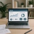 Moderner, heller Arbeitsraum mit Laptop, Notizblättern, Pflanzen und Bücherregalen, zeigt Dashboard mit Analysedaten und A/B-Tests.