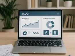 Moderner, heller Arbeitsraum mit Laptop, Notizblättern, Pflanzen und Bücherregalen, zeigt Dashboard mit Analysedaten und A/B-Tests.