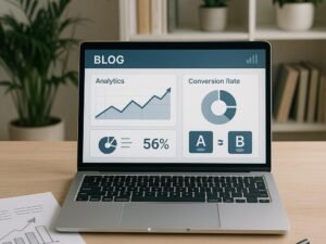 Moderner, heller Arbeitsraum mit Laptop, Notizblättern, Pflanzen und Bücherregalen, zeigt Dashboard mit Analysedaten und A/B-Tests.