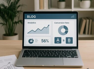 Moderner, heller Arbeitsraum mit Laptop, Notizblättern, Pflanzen und Bücherregalen, zeigt Dashboard mit Analysedaten und A/B-Tests.