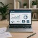 Moderner, heller Arbeitsraum mit Laptop, Notizblättern, Pflanzen und Bücherregalen, zeigt Dashboard mit Analysedaten und A/B-Tests.