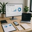 Modernes minimalistisches Büro mit großem Bildschirm, Laptop mit Code-Editoren, Notizbüchern, Pflanzen und natürlichem Licht, symbolisiert Technologie und Nachhaltigkeit.