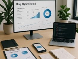 Modernes minimalistisches Büro mit großem Bildschirm, Laptop mit Code-Editoren, Notizbüchern, Pflanzen und natürlichem Licht, symbolisiert Technologie und Nachhaltigkeit.