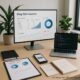 Modernes minimalistisches Büro mit großem Bildschirm, Laptop mit Code-Editoren, Notizbüchern, Pflanzen und natürlichem Licht, symbolisiert Technologie und Nachhaltigkeit.