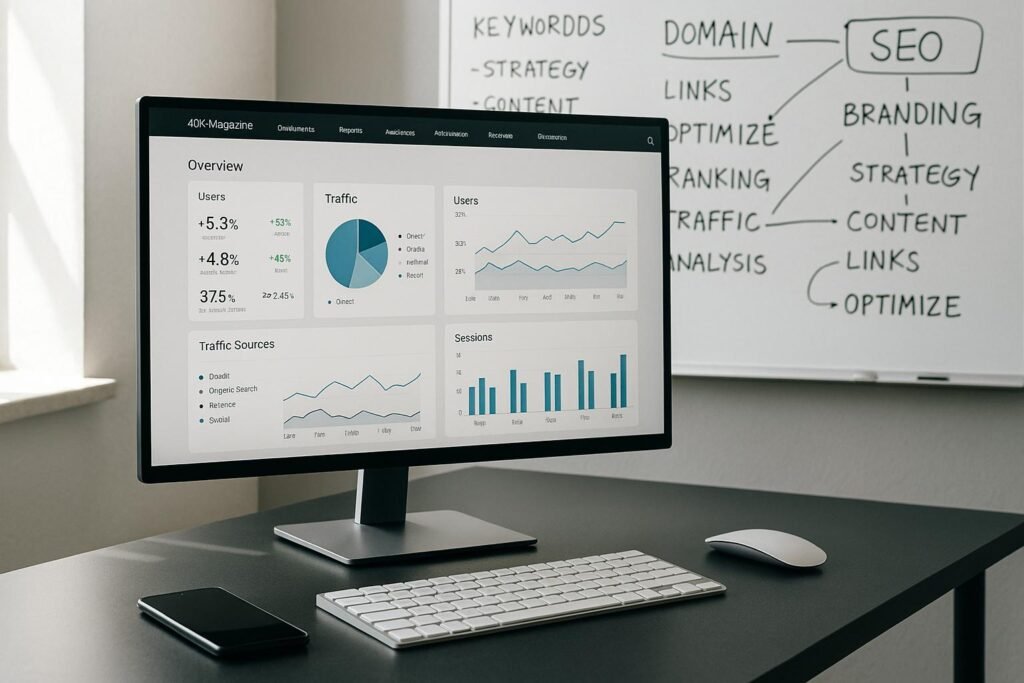 Moderner Arbeitsplatz mit Monitor, Tastatur, Maus, Smartphone und Whiteboard voller SEO-Notizen, beleuchtet durch Tageslicht