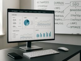 Moderner Arbeitsplatz mit Monitor, Tastatur, Maus, Smartphone und Whiteboard voller SEO-Notizen, beleuchtet durch Tageslicht