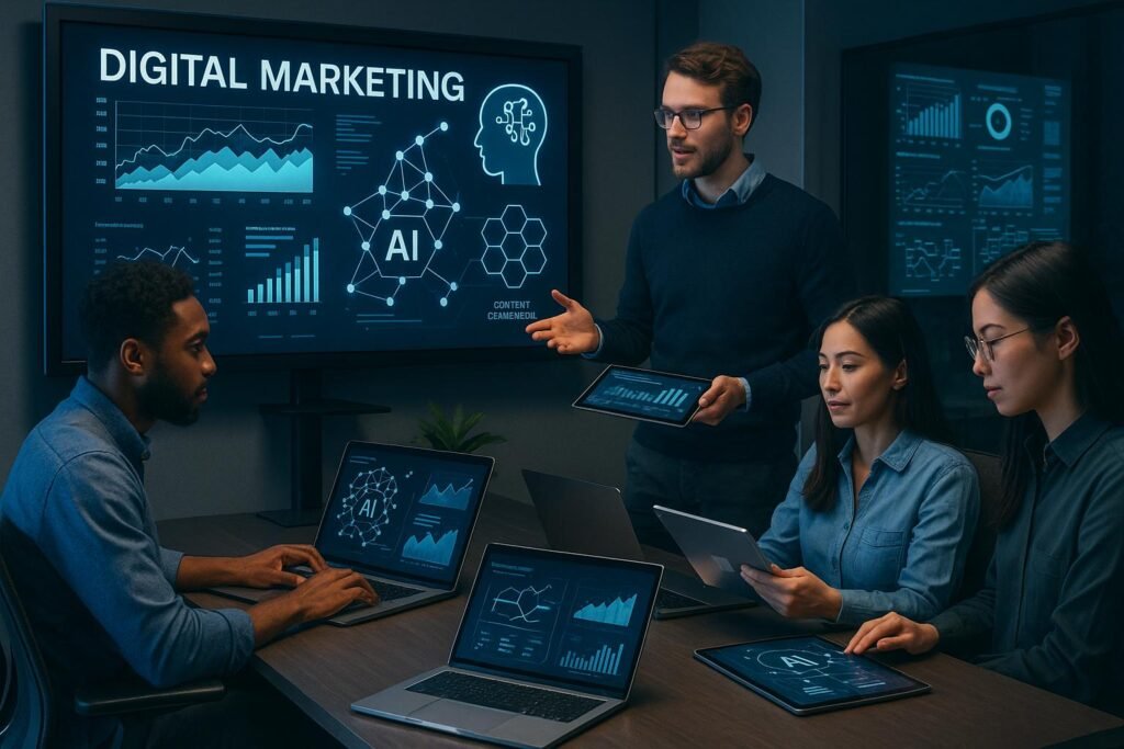 Ein modernes digitales Marketingbüro mit einem diversen Team, das an großen Bildschirmen mit Daten, Grafiken und KI-Technologie arbeitet, futuristische Interfaces und innovative Arbeitsumgebungen zeigt