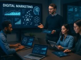 Ein modernes digitales Marketingbüro mit einem diversen Team, das an großen Bildschirmen mit Daten, Grafiken und KI-Technologie arbeitet, futuristische Interfaces und innovative Arbeitsumgebungen zeigt