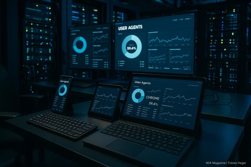 Hochmoderner Kontrollraum mit großen Bildschirmen, Dashboards, Handheld-Geräten und leuchtender Server-Infrastruktur, die eine datengesteuerte Web-Strategie präsentieren.