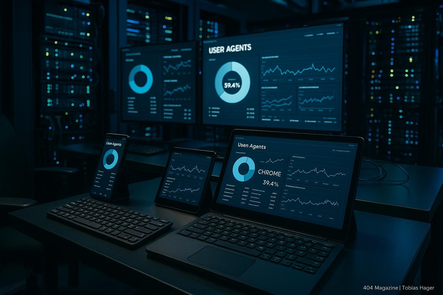 Hochmoderner Kontrollraum mit großen Bildschirmen, Dashboards, Handheld-Geräten und leuchtender Server-Infrastruktur, die eine datengesteuerte Web-Strategie präsentieren.