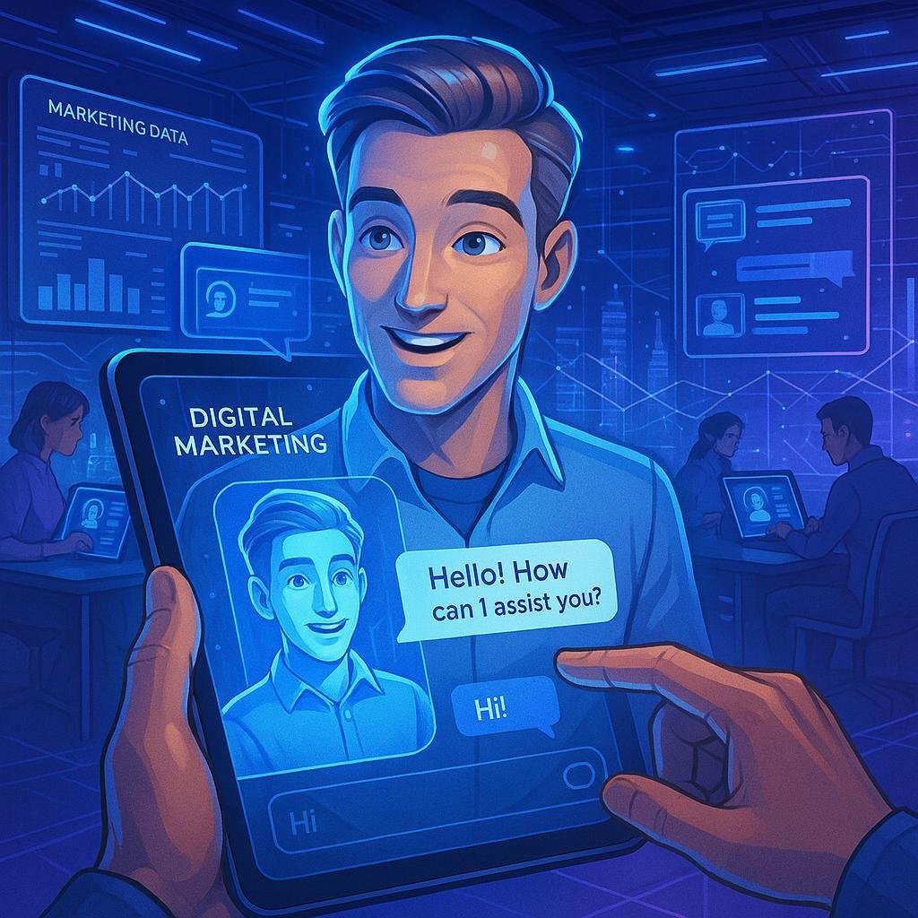 Futuristische digitale Marketing Szene mit holographischer KI-Charakter in einem High-Tech Kontrollraum, umgeben von Datenvisualisierungen und digitalen Stadtlandschaften