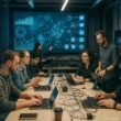 Ein Team arbeitet an einem großen Konferenztisch in einem modernen Büro mit Digitalvisualisierungen auf einem Bildschirm im Hintergrund, verbunden durch Linien und Pfeile. Tech-Geräte und Kabel sind sichtbar.