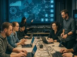Ein Team arbeitet an einem großen Konferenztisch in einem modernen Büro mit Digitalvisualisierungen auf einem Bildschirm im Hintergrund, verbunden durch Linien und Pfeile. Tech-Geräte und Kabel sind sichtbar.