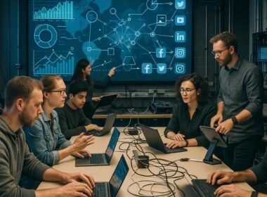 Ein Team arbeitet an einem großen Konferenztisch in einem modernen Büro mit Digitalvisualisierungen auf einem Bildschirm im Hintergrund, verbunden durch Linien und Pfeile. Tech-Geräte und Kabel sind sichtbar.