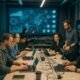 Ein Team arbeitet an einem großen Konferenztisch in einem modernen Büro mit Digitalvisualisierungen auf einem Bildschirm im Hintergrund, verbunden durch Linien und Pfeile. Tech-Geräte und Kabel sind sichtbar.