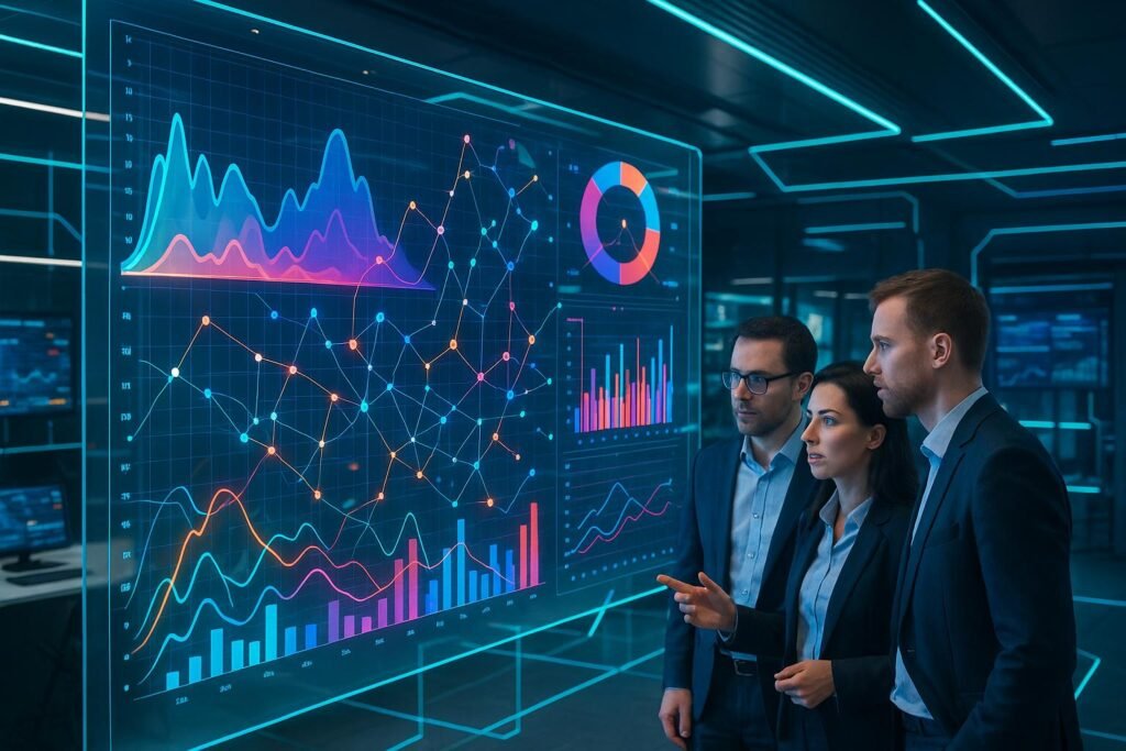 Geschäftspersonen in Business-Kleidung diskutieren vor einem großen transparenten Bildschirm mit leuchtenden Graphen und Datenvisualisierungen in einem futuristischen Arbeitsraum.