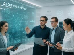 Futuristisches Kontrollzentrum mit großem Touchscreen, Technikern, Server-Racks und holografischen Elementen, die KI- und Support-Systeme visualisieren.