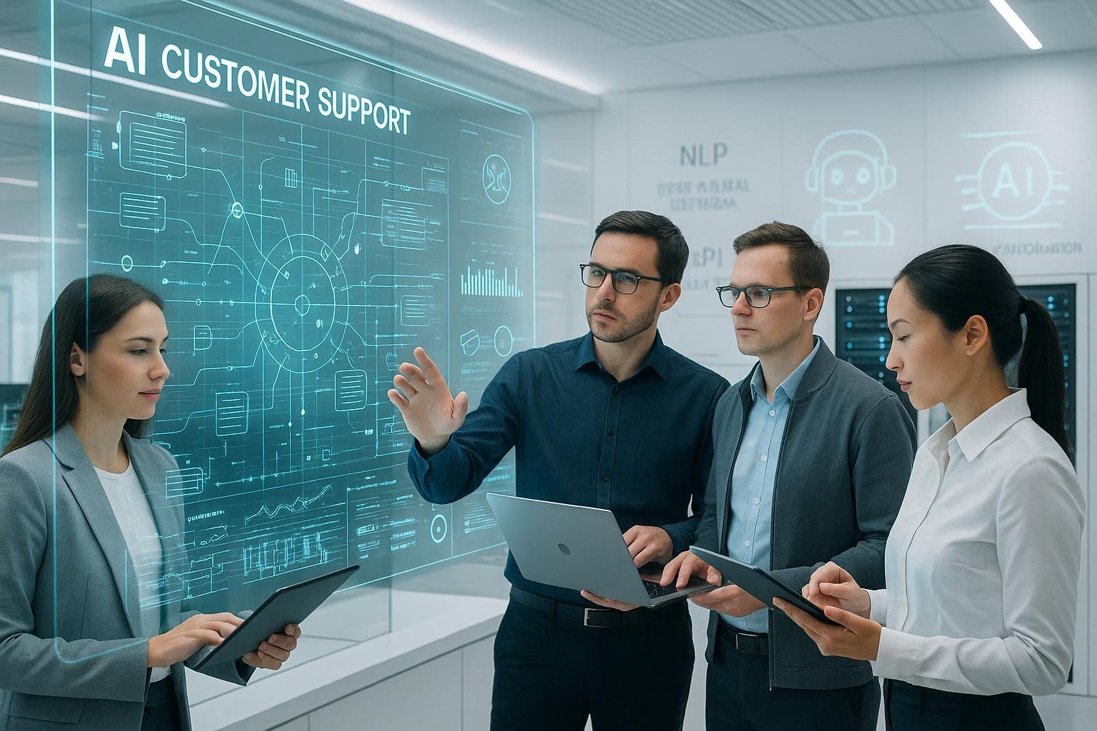 Futuristisches Kontrollzentrum mit großem Touchscreen, Technikern, Server-Racks und holografischen Elementen, die KI- und Support-Systeme visualisieren.