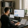 Professioneller Blogger in einem modernen Home-Office mit Monitor, Laptop und Content-Kalender, umgeben von Büchern über digitales Marketing, bei natürlichem Licht.