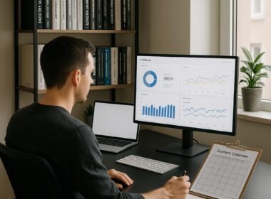 Professioneller Blogger in einem modernen Home-Office mit Monitor, Laptop und Content-Kalender, umgeben von Büchern über digitales Marketing, bei natürlichem Licht.