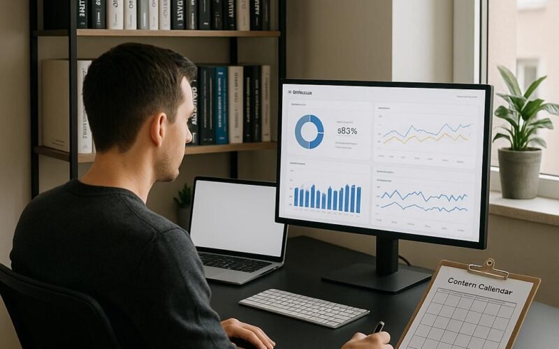 Professioneller Blogger in einem modernen Home-Office mit Monitor, Laptop und Content-Kalender, umgeben von Büchern über digitales Marketing, bei natürlichem Licht.