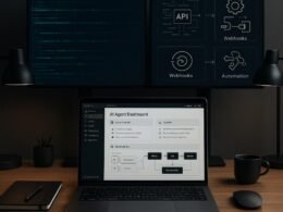 Workplace für Solo-Unternehmer mit Laptop, großen Monitoren, Datenvisualisierungen und Automatisierungsdiagrammen, minimalistische Einrichtung, dezente Beleuchtung