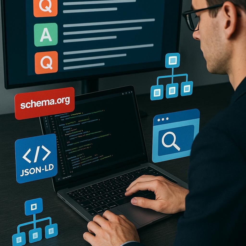 Moderner Arbeitsplatz mit Laptop, Code, Schema.org Logos und FAQ Infografik, symbolisierend technisches SEO und digitale Marketingstrategien