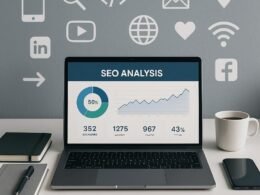 Modern eingerichteter Arbeitsplatz mit Laptop, Notizbüchern, Smartphone und Kaffeetasse, im Hintergrund Social-Media-Icons und technische Symbole, strahlt Professionalität und Technikaffinität aus.