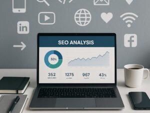 Modern eingerichteter Arbeitsplatz mit Laptop, Notizbüchern, Smartphone und Kaffeetasse, im Hintergrund Social-Media-Icons und technische Symbole, strahlt Professionalität und Technikaffinität aus.