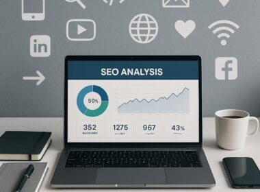 Modern eingerichteter Arbeitsplatz mit Laptop, Notizbüchern, Smartphone und Kaffeetasse, im Hintergrund Social-Media-Icons und technische Symbole, strahlt Professionalität und Technikaffinität aus.
