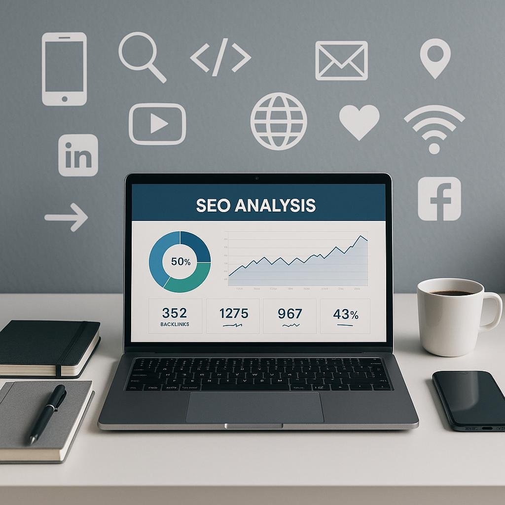 Modern eingerichteter Arbeitsplatz mit Laptop, Notizbüchern, Smartphone und Kaffeetasse, im Hintergrund Social-Media-Icons und technische Symbole, strahlt Professionalität und Technikaffinität aus.