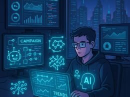 Hochdigitalisiertes Büro mit mehreren Bildschirmen, holographischem Interface und futuristischer Stadt im Hintergrund, ideal für KI-gestütztes Marketing.