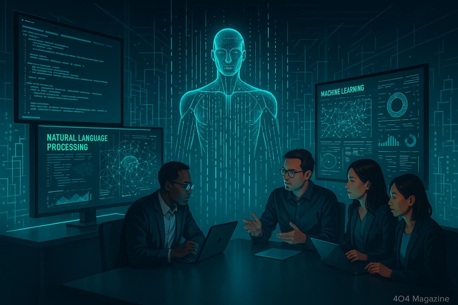 Moderner Arbeitsbereich mit High-Tech-Computern, KI-Hologramm und Teamdiskussionen, symbolisiert technologische Innovation und Zusammenarbeit.