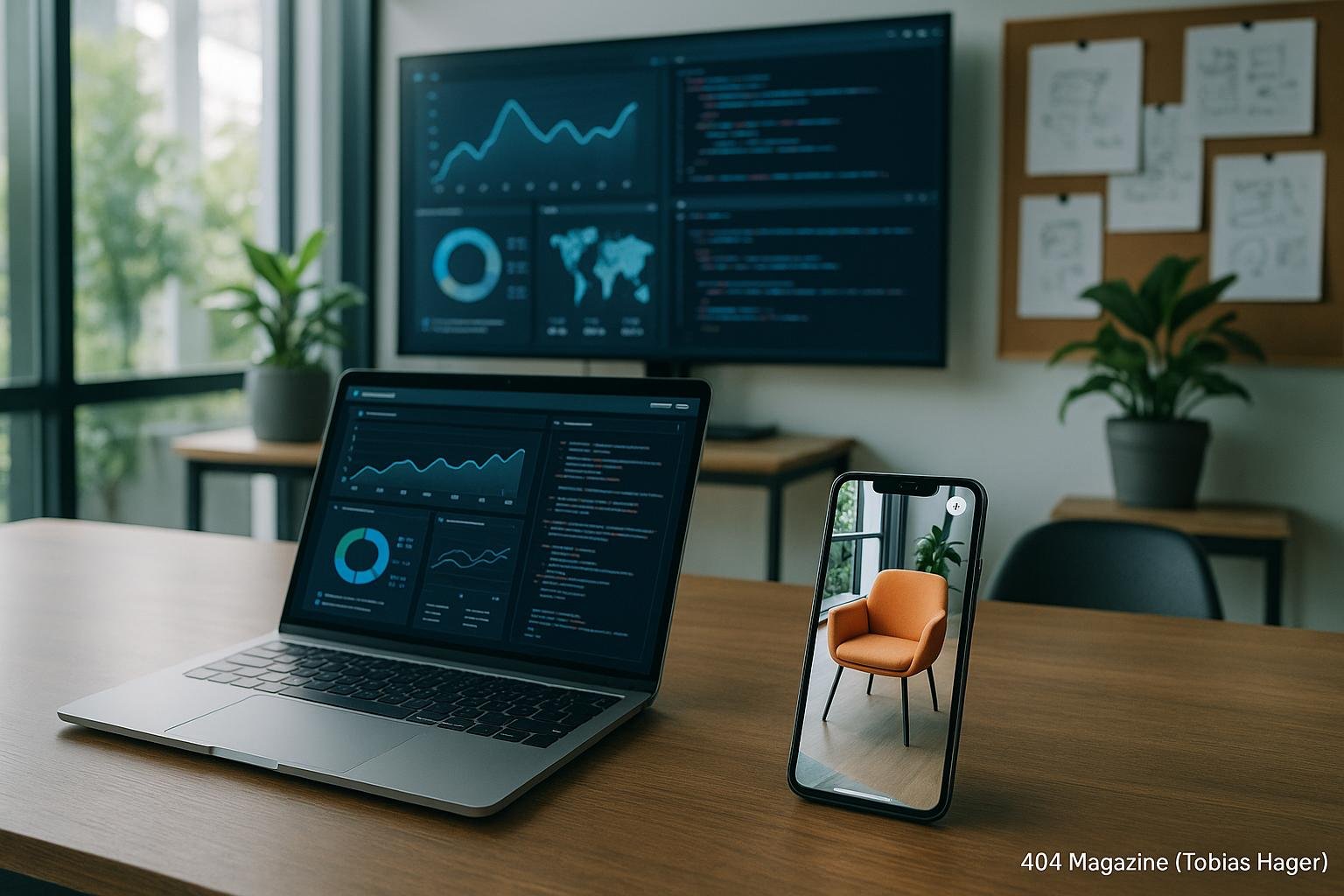 Modernes Büro mit digitaler Wand, AR-Sessel-Visualisierung auf Smartphone, technischer Infrastruktur und natürlichem Licht
