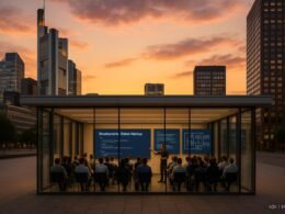 Moderner Veranstaltungsraum bei Sonnenuntergang mit Menschen, die an einem Technik-Workshop arbeiten, großen digitalen Displays mit Code und Diagrammen, umgeben von hohen Gebäuden.