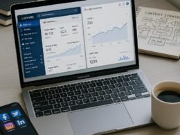 Moderner Büroarbeitsplatz mit Laptop, Smartphone, Kaffeetasse und Notizbüchern, die Content-Strategien skizzieren, im Hintergrund.