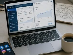 Moderner Büroarbeitsplatz mit Laptop, Smartphone, Kaffeetasse und Notizbüchern, die Content-Strategien skizzieren, im Hintergrund.